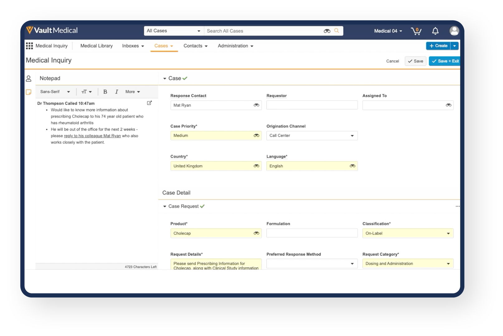 screenshot of Veeva MedInquiry software