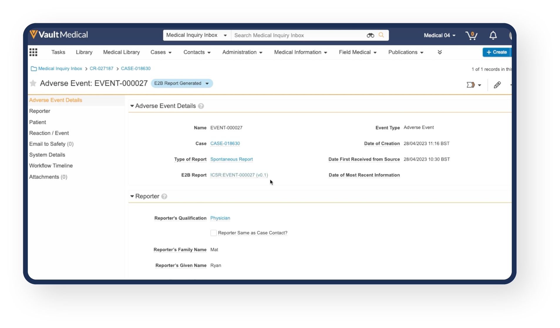 screenshot of Veeva MedInquiry software