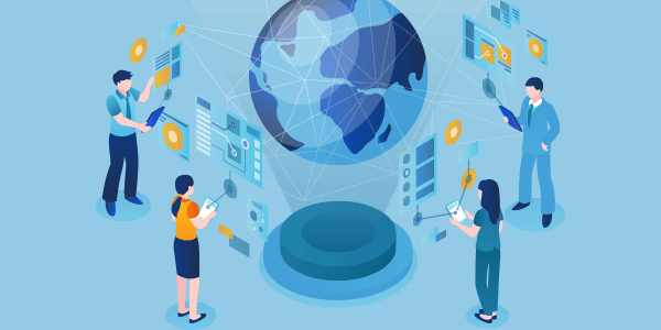 Image by Veeva MedTech illustrating medical device and diagnostic regulatory, clinical and quality teams connected to global centralized system, sharing data and insights.