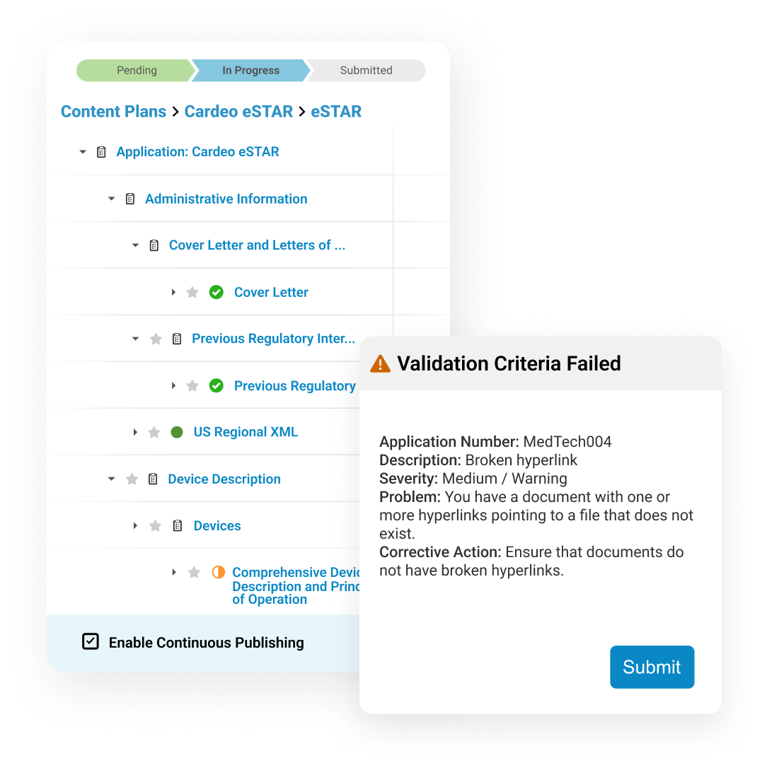 Vault Submissions Publishing provides a table of contents for easy content assembly and a health authority gateway for submitting final dossiers