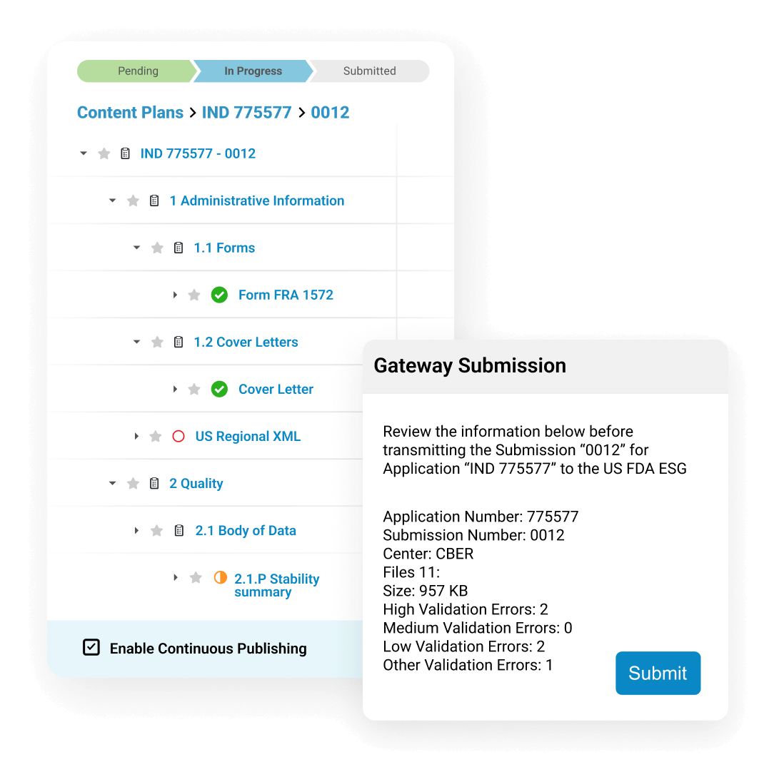 Vault Submissions Publishing provides a table of contents for easy content assembly and a health authority gateway for submitting final dossiers