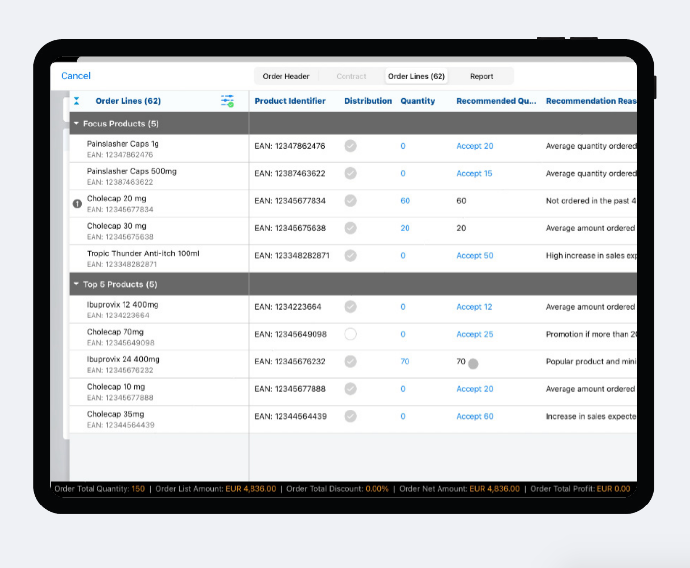 Order management screen