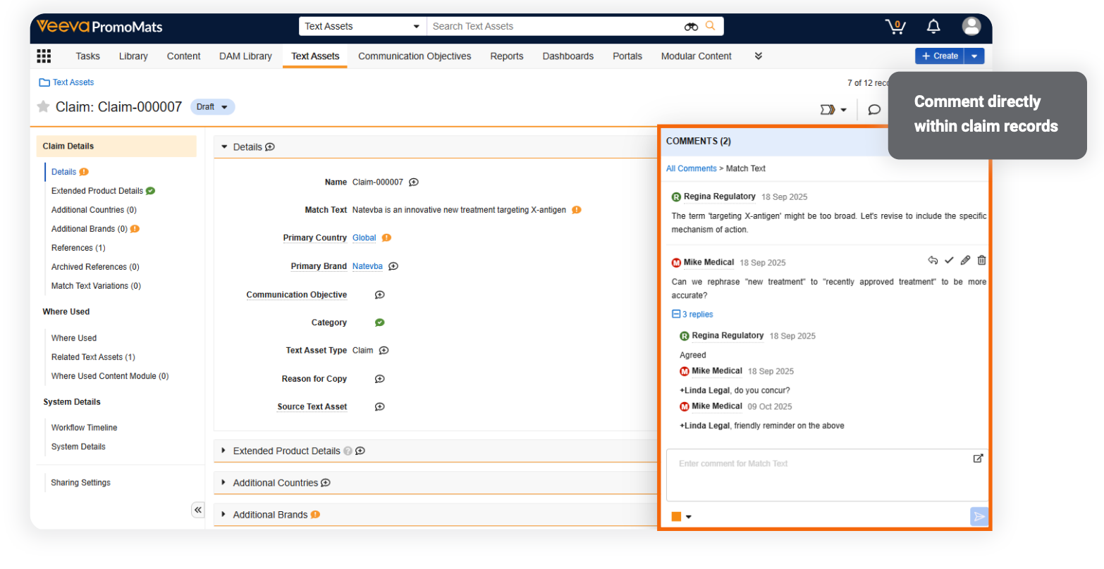 Comment within claim records example