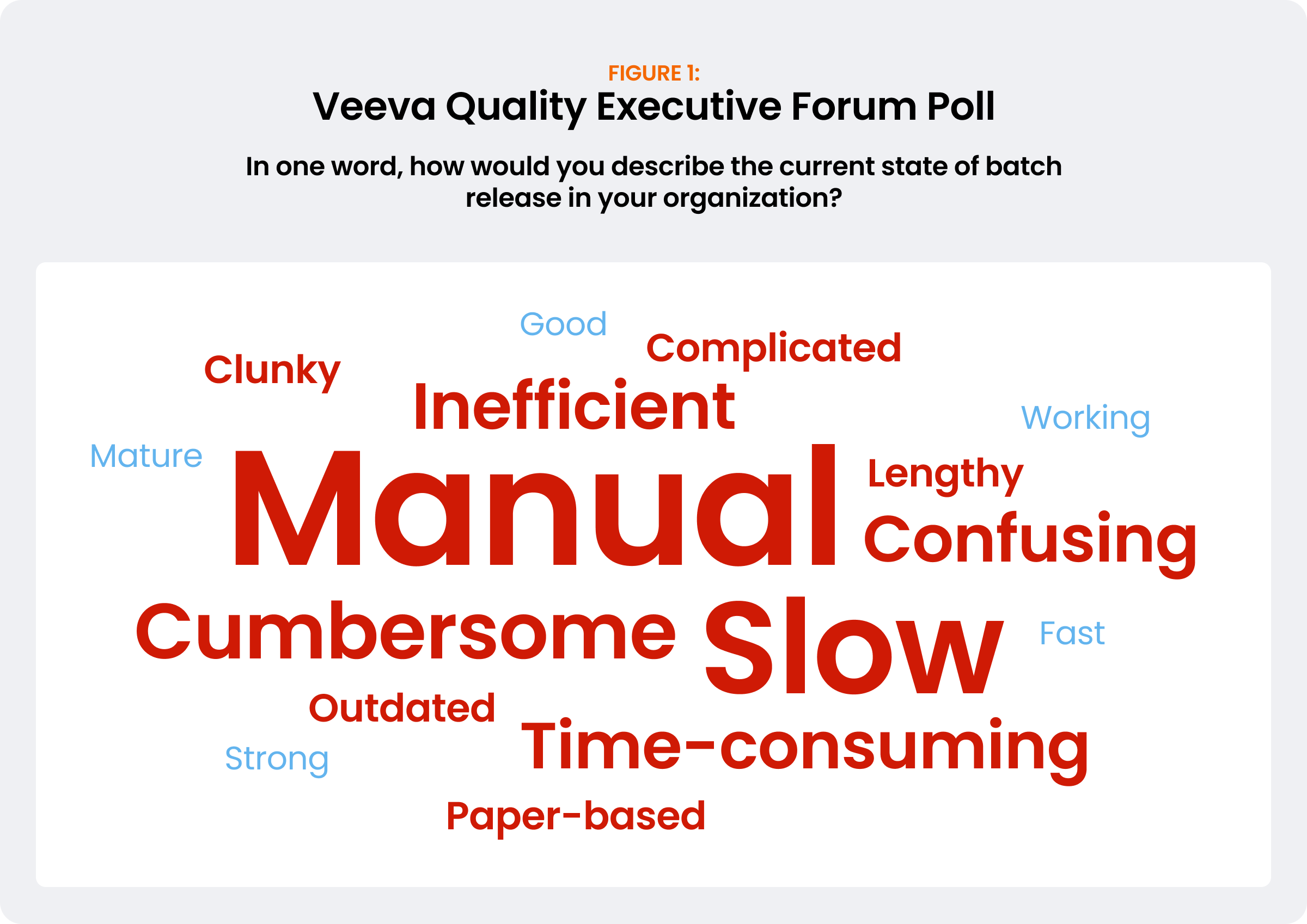 Word cloud illustrating how respondents describe the current state of batch release in their organization.