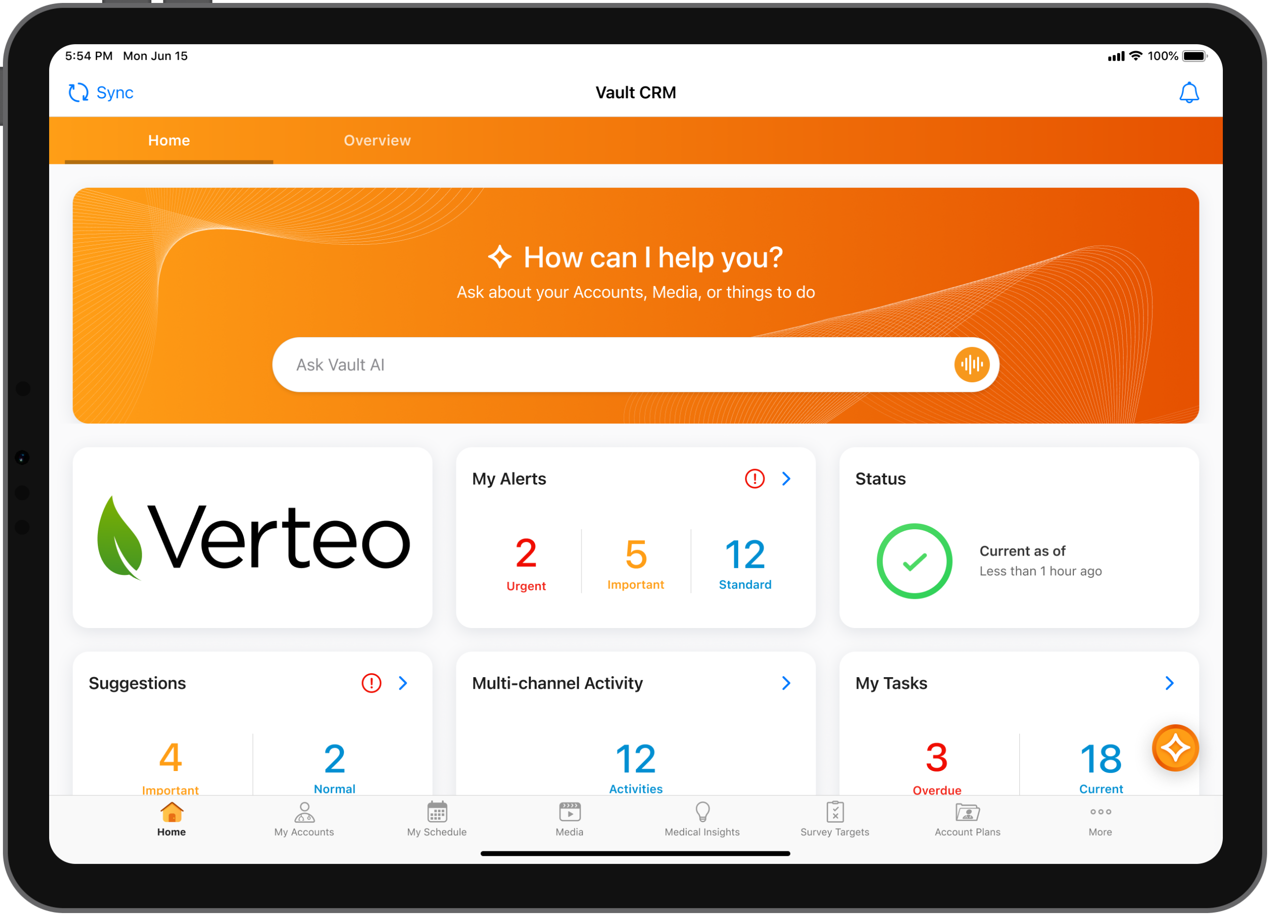 Vault CRM Agentic Home Screen on iPad featuring Conversational AI alongside real-time dashboard widgets