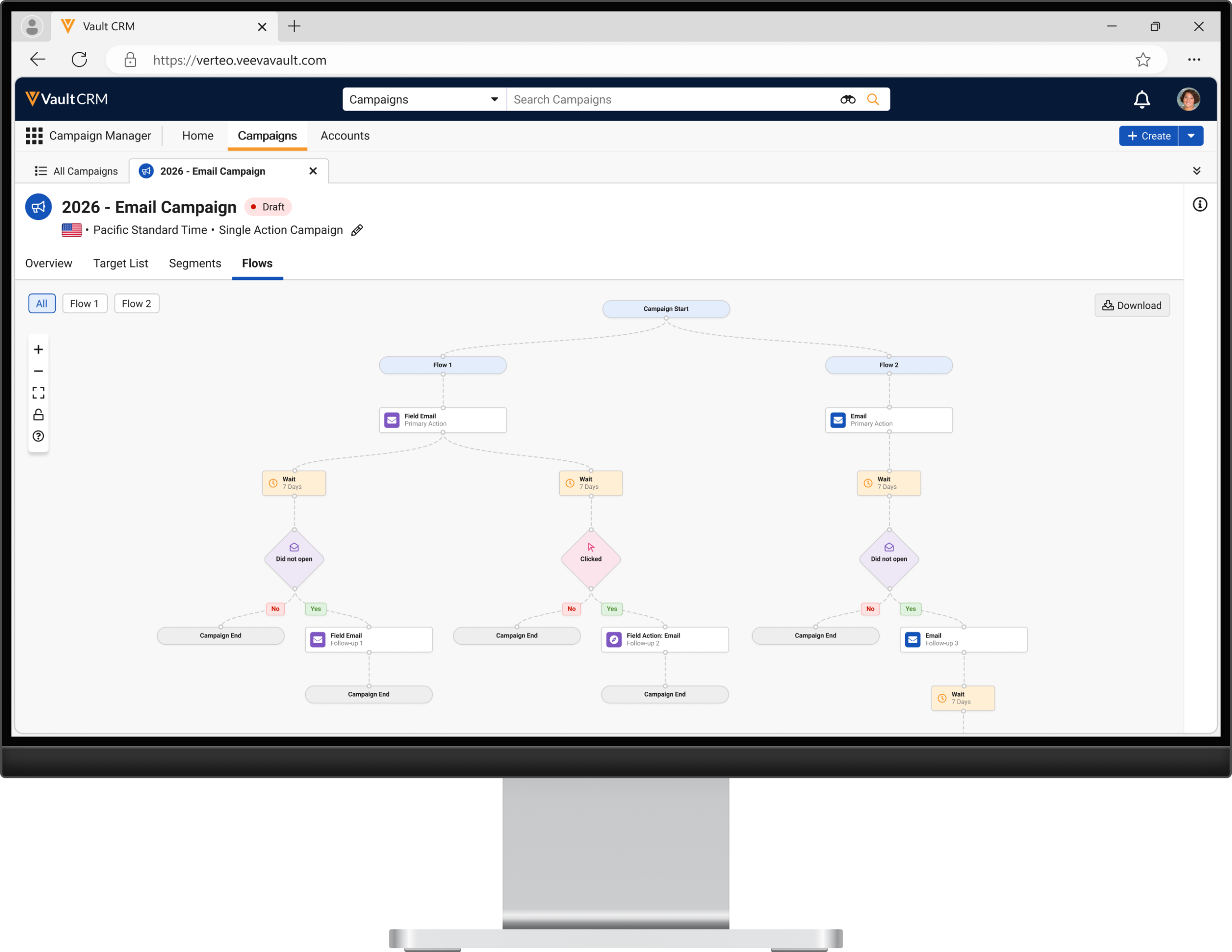 Vault CRM Campaign Manager visual journey builder interface showing campaign flow logic and decision trees.
