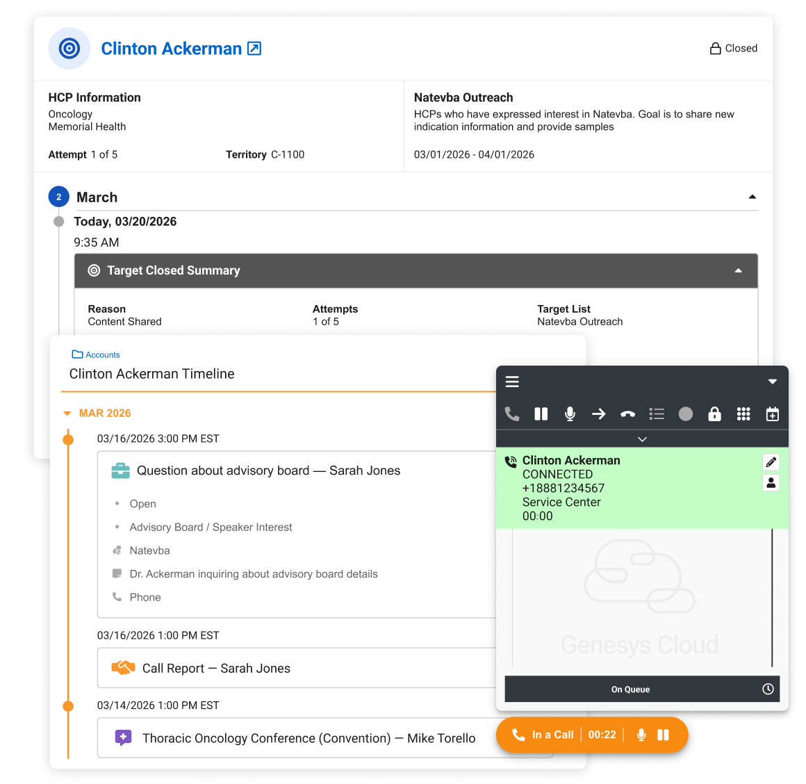 Vault CRM Service Center interface displaying an HCP account profile, interaction timeline, and an integrated Genesys Cloud softphone widget during an active call.